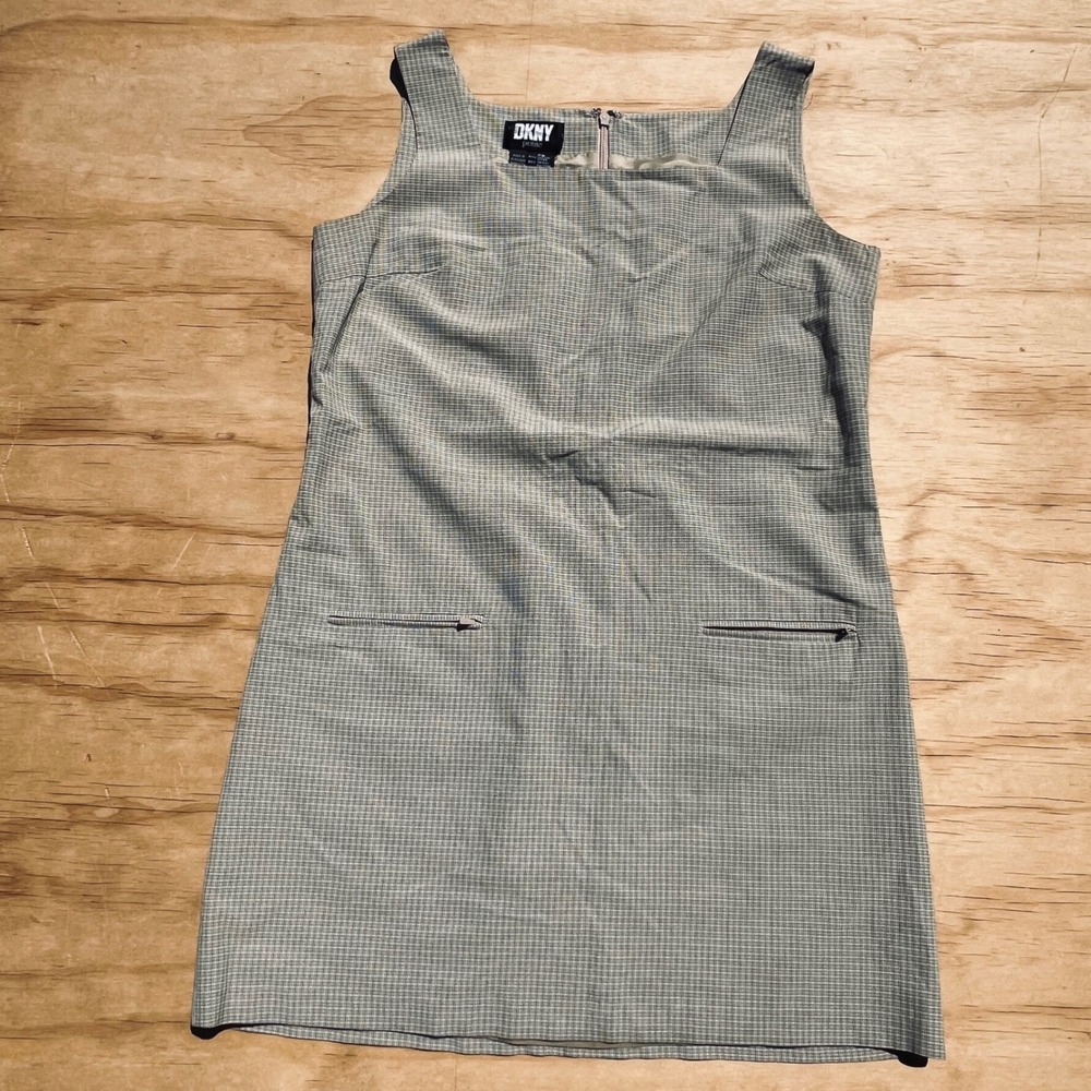 DKNY Petite Vintage Check Shift Dress Sage Green Square Neck P8 Pocket Mini